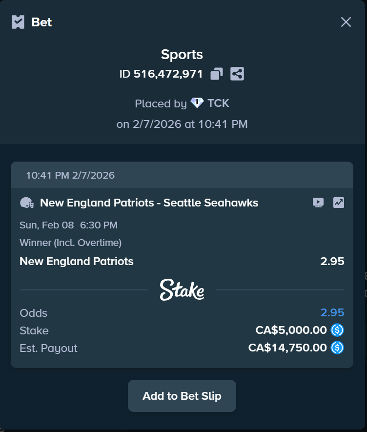 SUPERBOWL SUNDAY TOMMOROW 🏈🏆

$5000 BET to win $14,750... I NEED THE PATRIOTS TO BRING IT HOME!!! 🟦🟥

am i cooked chat?

$250 Giveaway if we HIT! RT + FOLLOW! 💸

Extra $100 if your on code TCK! 🫶