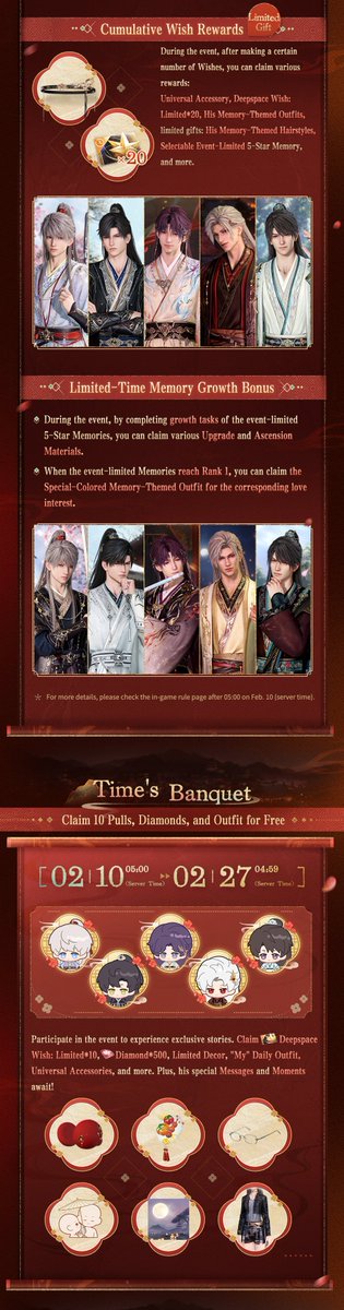 Love_Deepspace's tweet image. Hold his hand and whisper your tender affection.
Various events and festive blessings are ready! Share wondrous moments with him!
🪐Official Discord: discord.gg/aGFPky4snx
&amp;gt;&amp;gt;&amp;gt;Festive Rewards Preview
After 05:00 on Feb. 10 (server time), check in to the game, participate in the