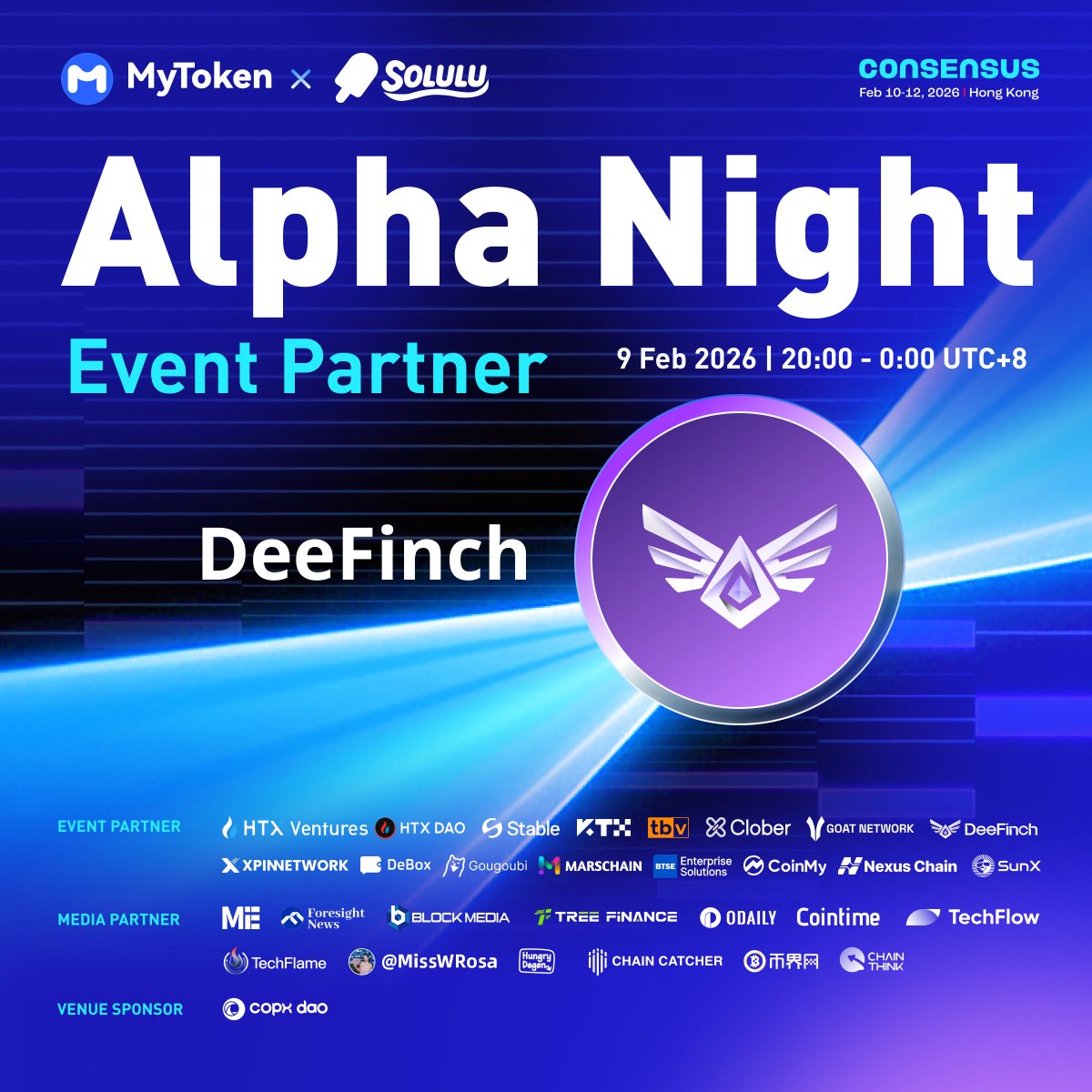 MyTokencap's tweet photo. Welcome DeeFinch, @DeeFinchCrypto as a special event partner of our Consensus HK Side Event

DeeFinch is the next-gen AI-powered Web3 financial infrastructure bridging TradFi and DeFi.

🎁FREE! Get $30 worth of esim card by signup: https://t.co/GRbPHvNOaw 

Cohost: @soluluUSA https://t.co/GaYlm66FRT