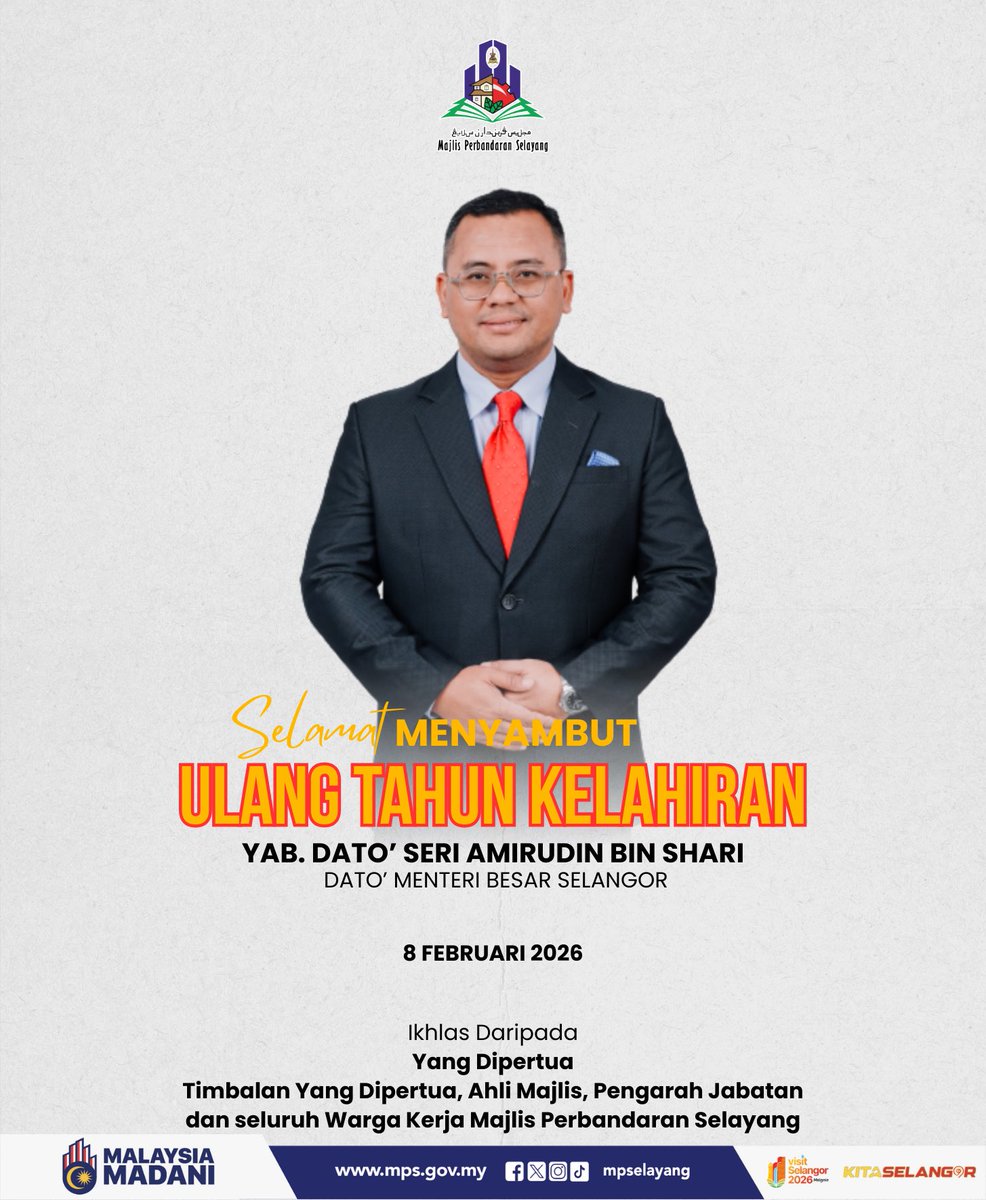 Selamat menyambut ulang tahun kelahiran kepada YAB Dato’ Menteri Besar Selangor, Dato’ Seri Amirudin Shari.
 
Semoga YAB Dato’ Seri sentiasa di bawah lindungan rahmatNya, dilimpahi kesejahteraan dan diberkati setiap apa yang dilakukan.