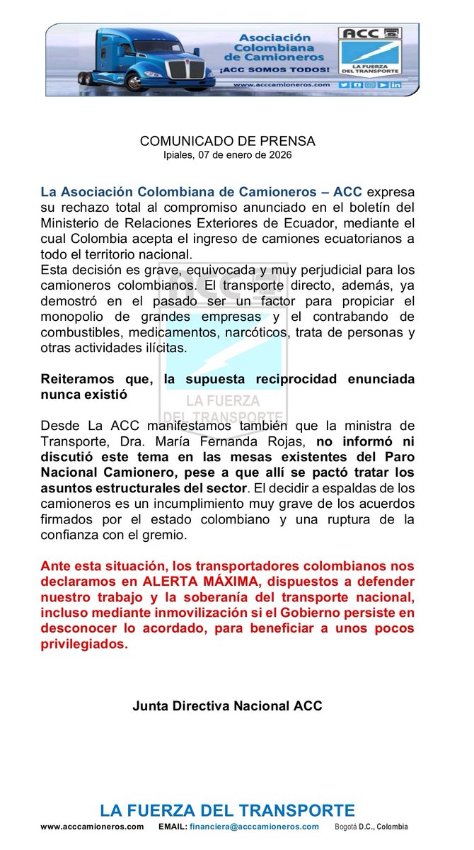 ACC CAMIONEROS, en ALERTA MAXIMA DE INMOVILIZACIÓN 
Comunicado <a href="/maferojas/">Mafe Rojas</a> <a href="/petrogustavo/">Gustavo Petro</a> <a href="/MarnIris/">Iris Marín Ortiz</a> <a href="/PGN_COL/">Procuraduría General de la Nación</a> <a href="/MincomercioCo/">MinComercio Colombia</a> <a href="/CancilleriaCol/">Cancillería Colombia</a> <a href="/AABenedetti/">Armando Benedetti</a> <a href="/PedroSanchezCol/">Pedro Arnulfo Sanchez S. Orgullosamente Colombiano</a> <a href="/DianaMoralesR1/">Diana Morales R</a> <a href="/LuisAlfonsoEsc/">Luis Alfonso Escobar</a> <a href="/OctavioGuzmanGu/">OCTAVIO GUZMÁN</a> <a href="/AlcaldiaIpiales/">Alcaldía de Ipiales</a>
<a href="/amilcaripiales/">Amilcar pantoja</a>
<a href="/alcaldiapasto/">Alcaldía de Pasto</a>