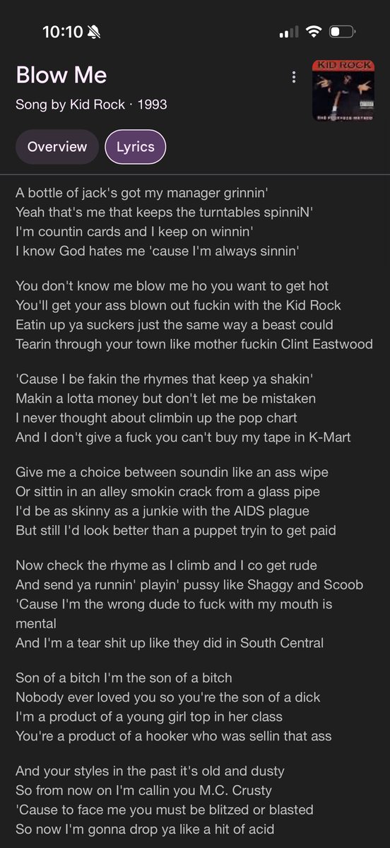 shitty_blake's tweet photo. @ACTBrigitte You are so right!! Kid rock is all about AMERICAN and CHRISTIAN values. Here are my favorite lyrics from my favorite Kid Rock song: https://t.co/tkWC7QNgH7