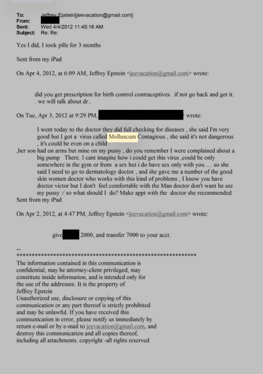 MarioNawfal's tweet image. This Epstein email's pure evil... A groomed girl contracts an STD from him (her only partner), and begs for a female doctor.

His response? Not a single word. Just a cash payoff.