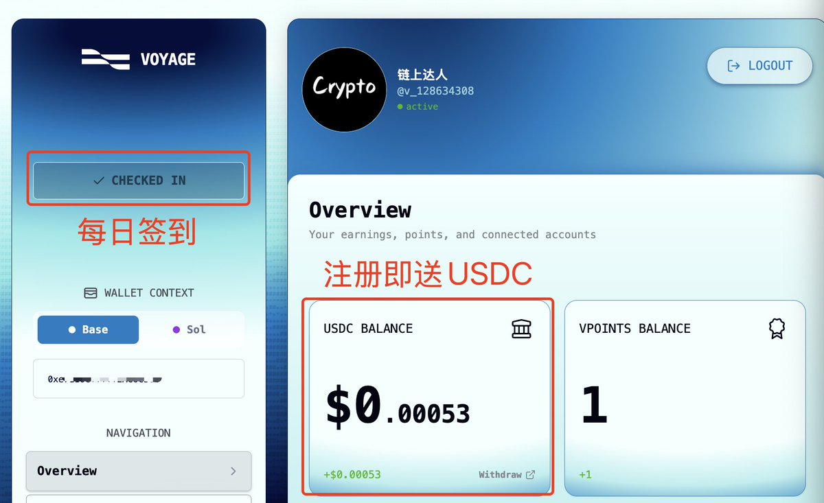 被卡总安利了这个 <a href="/onvoyage_ai/">Voyage</a> ，a16z Speedrun等机构投的，还没注册的搞下：app.onvoyage.ai/?ref=v_1286343…

1. 点击上述链接，选择推特注册
2. 每日签到
3. 邀请好友