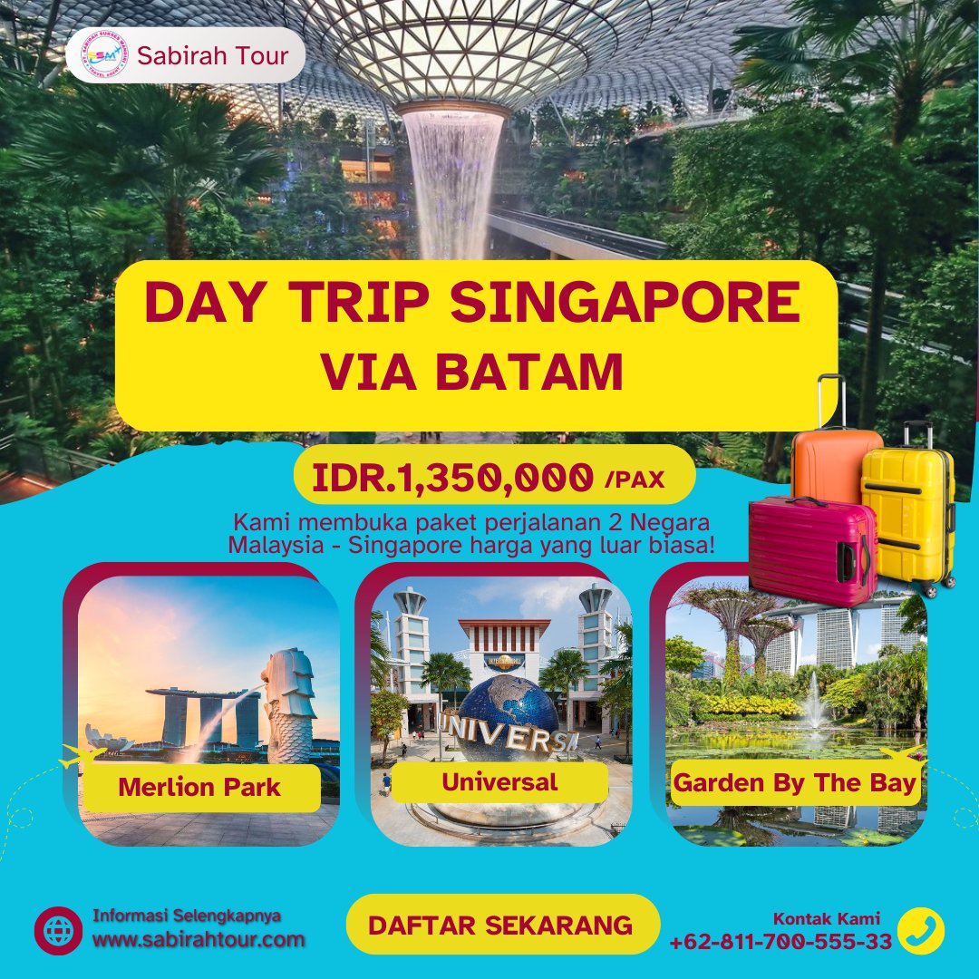 SabirahTour's tweet photo. Syarat Perjalanan One Day Tour Singapore Dari Batam · Tiket Ferry Batam Singapore PP Plus Tax · Makan Siang 1 x Sesuai itinerary

https://t.co/DLk87BuoBR https://t.co/lmmKy5O8UN