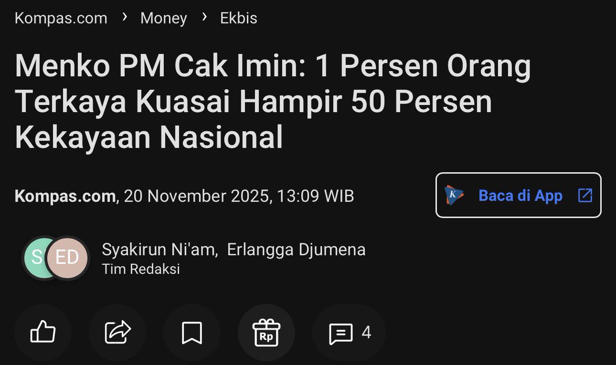 Nilai rata-rata itu ga bisa dijadikan cerminan ekonomi suatu negara. Terutama di negara yang KESENJANGANNYA TINGGI. Coba kita ambil contoh asumsi:
> Si A pendapatan 2 juta
> Si B pendapatan 1.5 juta
> Si C pendapatan 1 juta
> Si D pendapatan 1.5 juta
> Si E pendapatan 94 juta