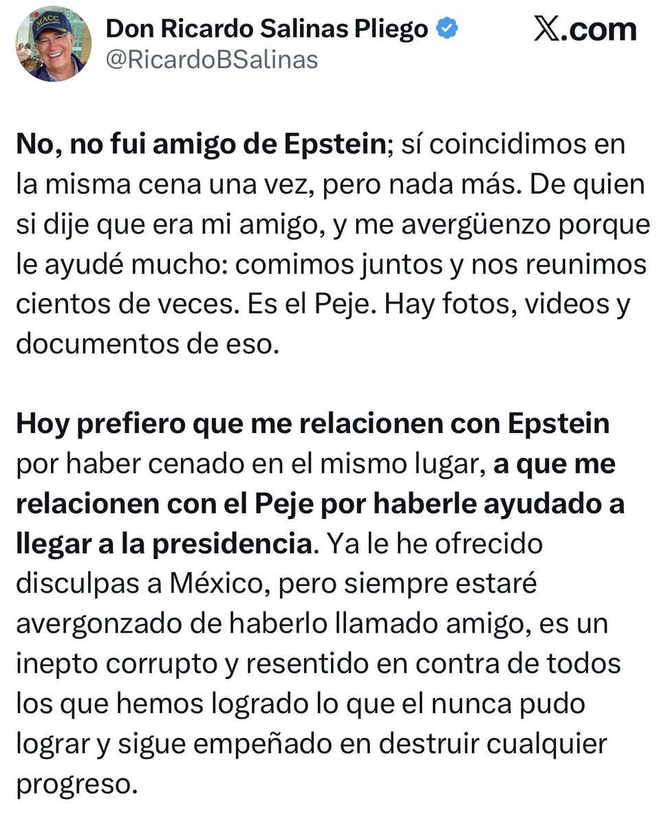 Que tweet para la posteridad nos acaba de regalar Ricardo Salinas Pliego.

Prefiere ser relacionado con un PEDÓFILO, violador, torturador, asqueroso, traficante de menores y mafioso que con un expresidente que odia por no perdonarle los impuestos.