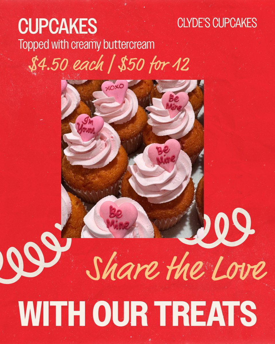 clydeswinebar's tweet photo. Valentine’s Week just got sweeter! 💘 Clyde’s Cupcakes are here with adorable “Be Mine” cupcakes topped with creamy buttercream. Grab one for $4.50 or share the love with a dozen for $50. Find us in-store or on the truck next week! 🧁 #ClydesCupcakes #ValentinesTreats https://t.co/BUkvn60sLQ