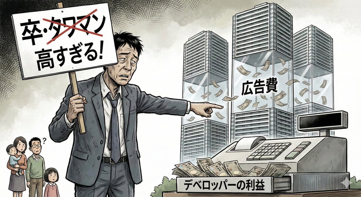 tra_miz's tweet photo. 業界が「卒・タワマン」なんて言葉を
流行らせようとしてるが、
要は「高すぎて誰も買えなくなった」だけ。
しょぼいプロジェクトは資材高で中身スカスカ、
価格だけは一丁前。
もはや新築を買うのは、
デベロッパーの広告費を肩代わりするようなもの。
タワマン同士の勝ち負けが出���のはこれから。 https://t.co/jtniJQgnyU