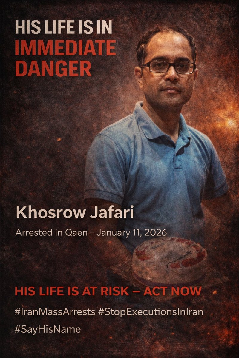 خسرو جعفری را در میانه‌ی راه بردند.
بی‌هیچ توضیحی.
جلوی ماشینش را گرفتند.
خودرو را گشتند.
و او را با خود بردند.
#خسرو_جعفری
خسرو جعفری، دبیر تربیت‌بدنی و مربی والیبال و فوتسال،
روز ۲۱ دی‌ماه ۱۴۰۴ در شهرستان قائن، استان خراسان جنوبی، بازداشت شد.
نیروهای امنیتی مقابل خودروی او را