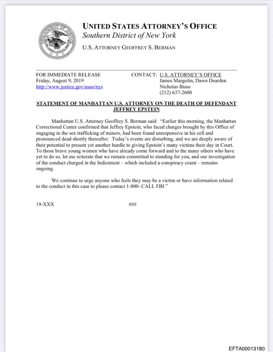 Draft statement on Epstein's death from Aug 9 2019

He was found dead on Aug 10th at 6:30 in the morning

Reference: justice.gov/epstein/files/…
