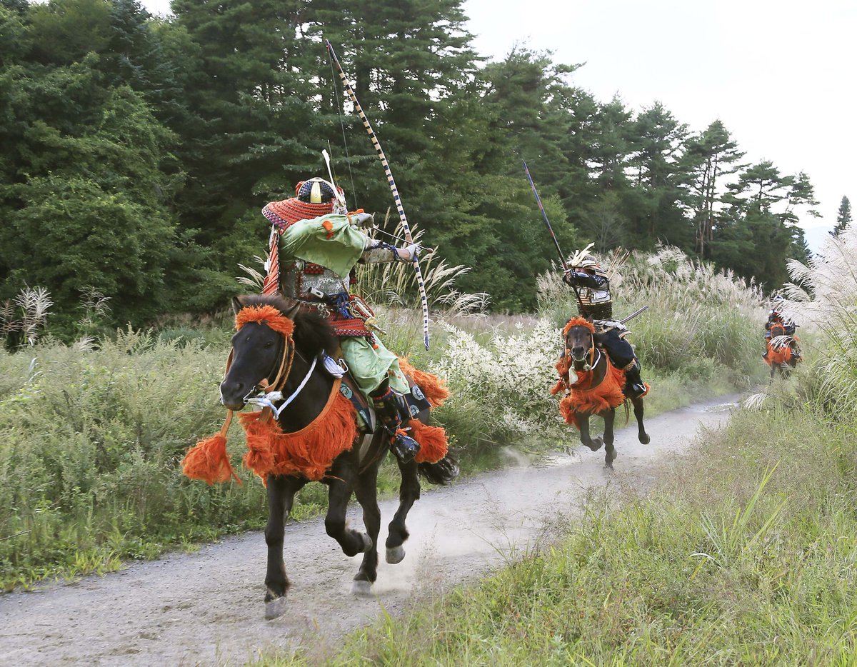 騎射戦闘、追いつ追われつ

弓の死角は右横、右後方。敵を追撃するなら右後方から接近しないと、左後方と真後ろを射る射法「押捩り・おしもじり」で反撃される

右後方から追われたら、素早く左に旋回、敵を押捩りの射界に捉えようと試みる。敵も旋回して追って来るから旋回の速さと鋭さが勝負を決める