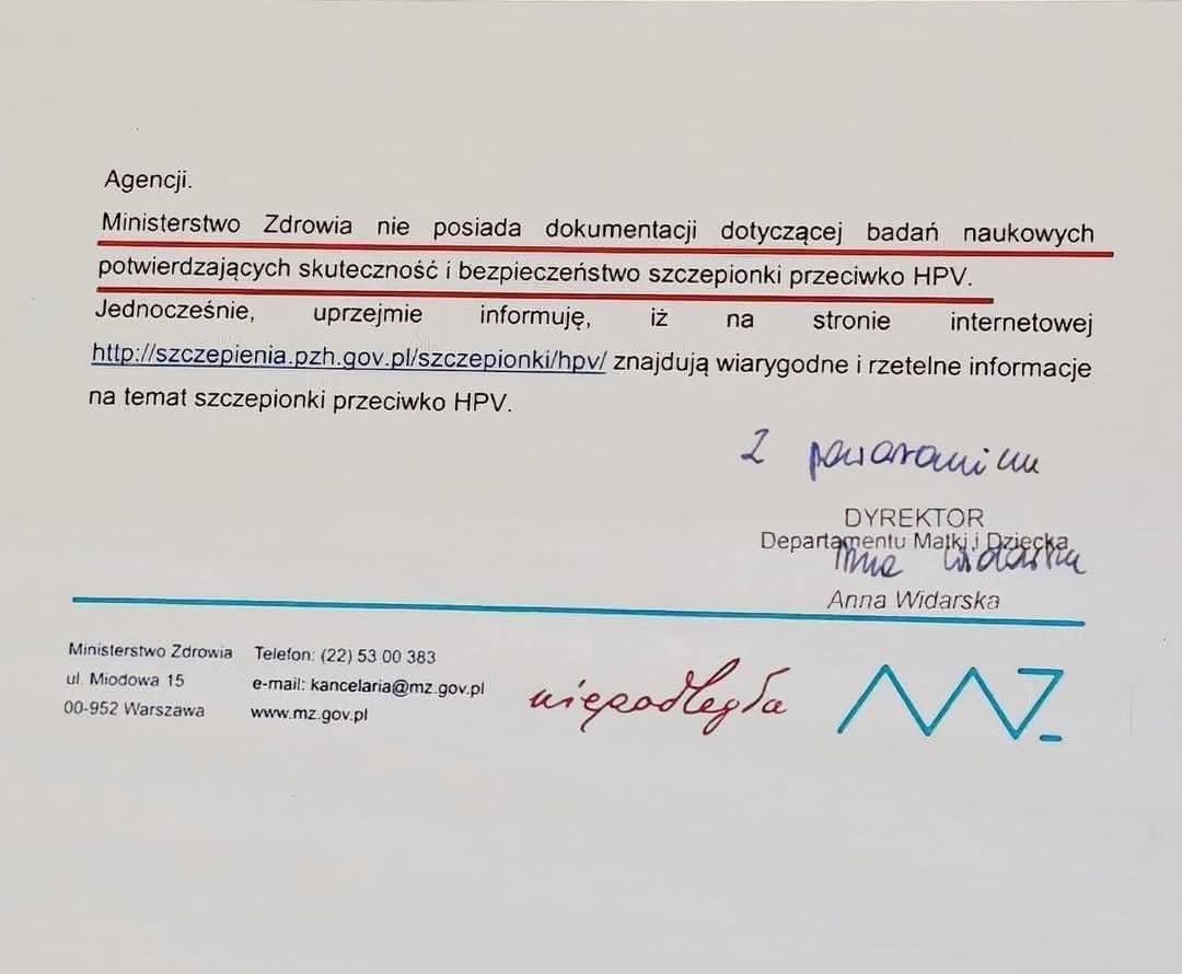 Nasze Państwo nie posiada, żadnych badań ani żadnej dokumentacji potwierdzających skuteczność czy bezpieczeństwo szczepionek przeciw HPV, a jednak chcą nas zmusić do podawania tego naszym dzieciom!