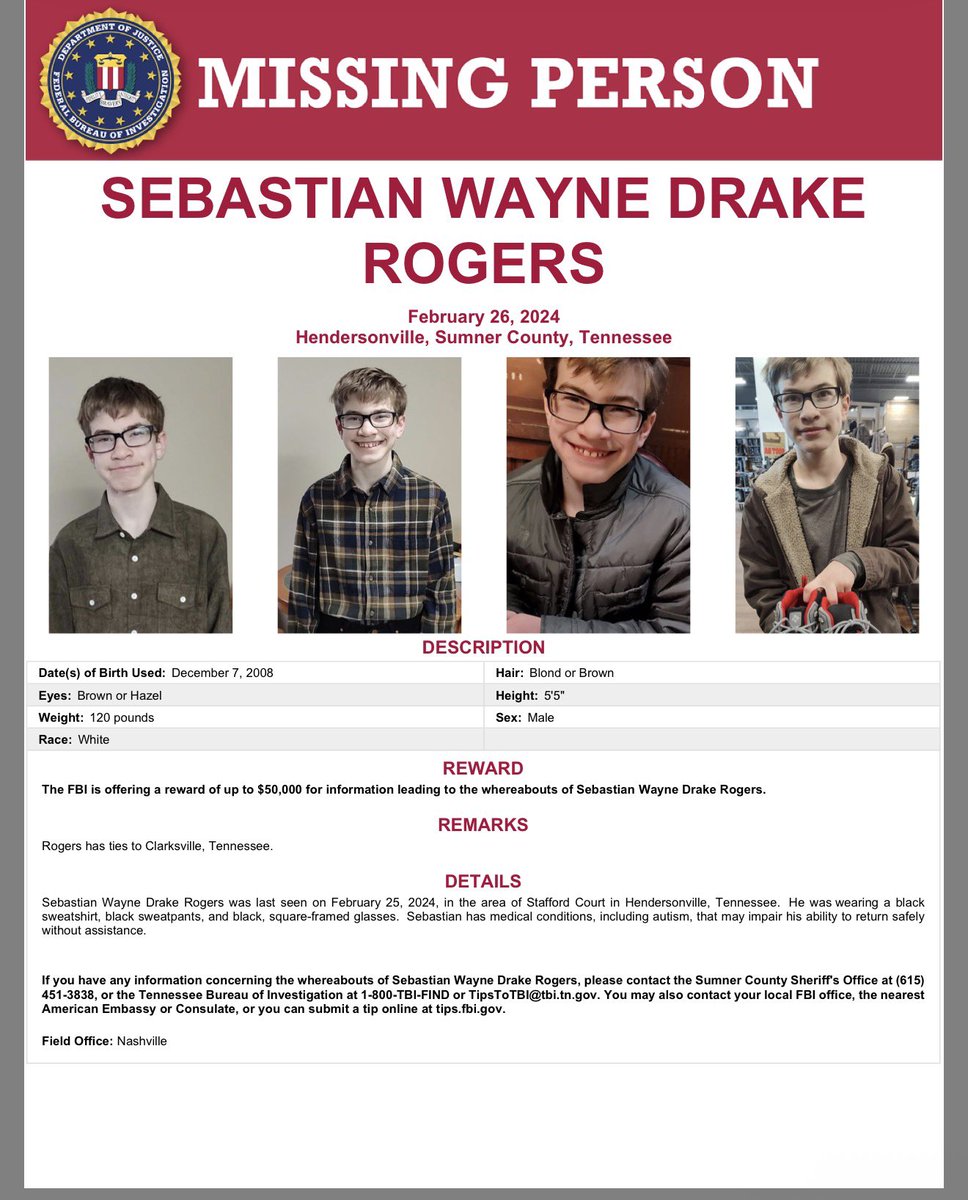 Please share this flyer!! Nearly 2 years missing from Hendersonville TN. Sebastian Rogers, now 17 years old. Up to $50,000 reward from FBI. If you have information about his whereabouts call 1-800-TBI-FIND

fbi.gov/wanted/kidnap/…