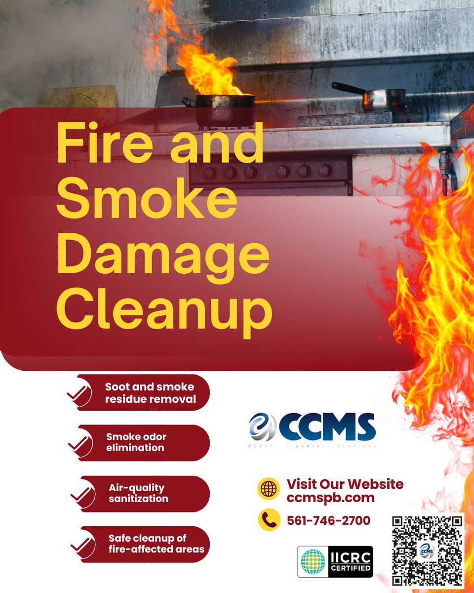 ccmspb's tweet photo. 🔥 Fire &amp; Smoke Restoration Services You Can Trust. After a fire, damage doesn’t end with flames. Soot, smoke, and persistent odors can make a space unsafe and unlivable if not properly addressed. Call (561) 746-2700 or visit https://t.co/iMyNNUsevE for cleanup and restoration. https://t.co/KfXTlSnFHw
