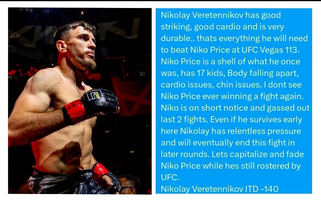 RainMan_MMA's tweet photo. 🚨🚨🚨🚨🚨🚨🚨🚨🚨🚨🚨🚨🚨🚨
🌧🌧🌧🌧🌧🌧🌧🌧🌧🌧🌧🌧🌧🌧

Free Plays of the week now 3-0 2026

Nikolay Veretennikov ITD -140

"NIKO PRICE WILL NEVER WIN ANOTHER UFC FIGHT" ‼️🌧

#UFCVegas113 https://t.co/l4dMbi7FyF