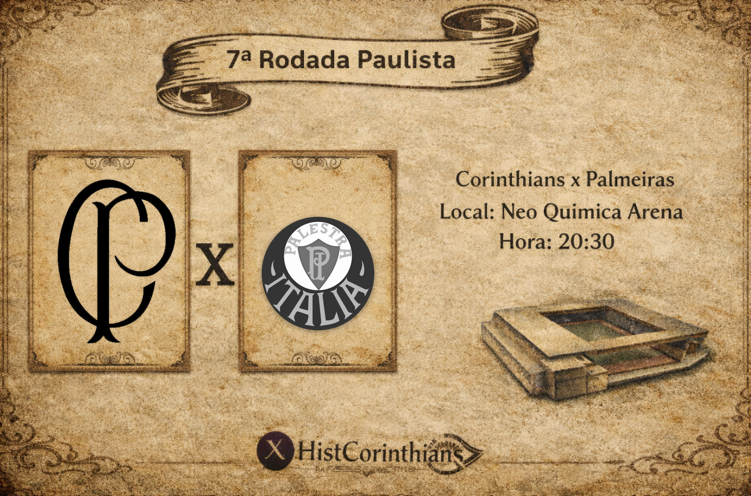 Hoje, temos nosso sétimo jogo do Campeonato Paulista: Corinthians x Palmeiras

Os símbolos utilizados representam os primeiros emblemas de cada clube.