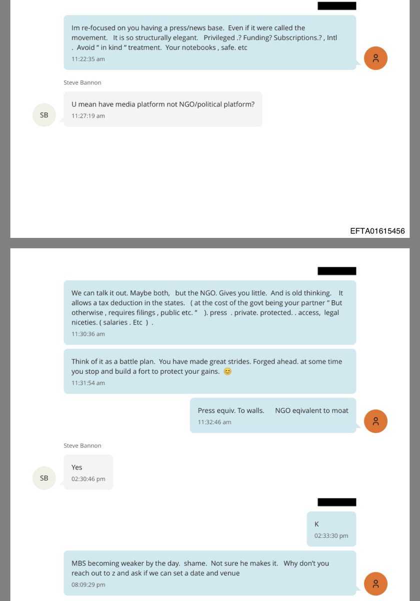 TrumpFile's tweet image. In November 2018, Jeffrey Epstein told Steve Bannon that they should start working on his future career as a media figure for "protection." He began hosting War Room on Real America's Voice the next year.

The FBI tried to hide that this was Epstein but failed. See next tweet.