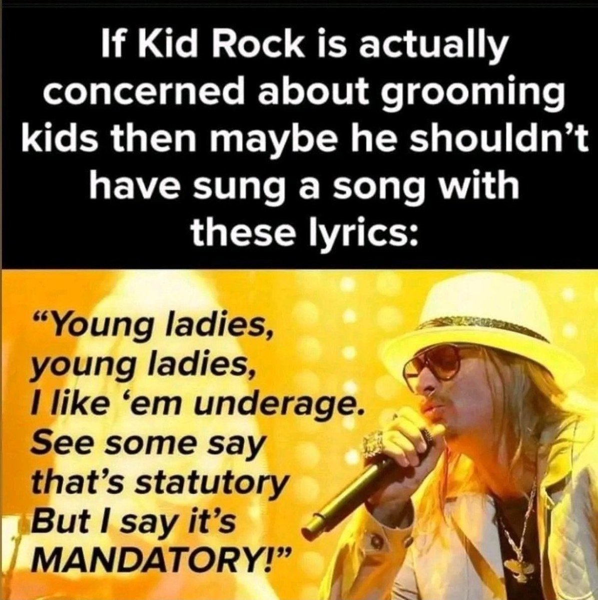 Hahahahahahaha sorry <a href="/KidRock/">KidRock</a> people don’t wanna perform next to a pedo lol. Foo wanted to be a redneck so bad he made these goofy weirdo lyrics lmao 😂 🗑️