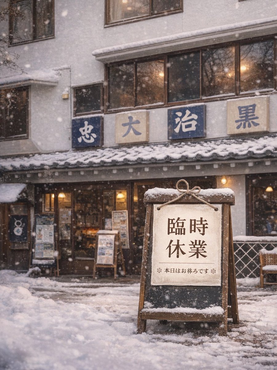 【臨時休業のお知らせ】
本日、降雪の影響により安全を考慮し、誠に勝手ながら猿橋大黒屋を臨時休業とさせていただきます。

ご来店を予定されていたお客様にはご迷惑をおかけし、申し訳ございません。
明日あさっては定休日となり続けてのお休みとなります。ご足労なきようお願い申し上げます。
