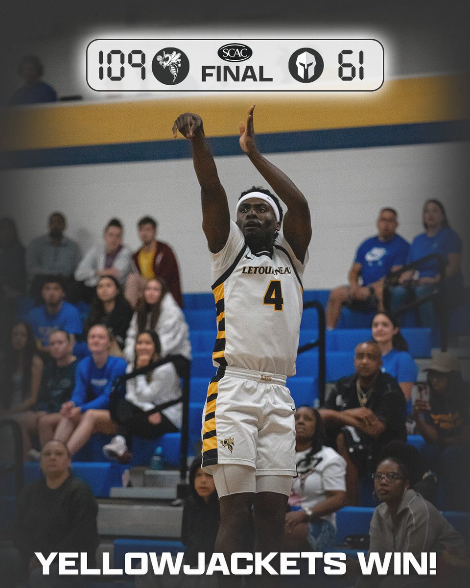 LETUMBB's tweet photo. YELLOWJACKETS WIN!

LeTourneau improves to 15-6 (10-2 SCAC) in a dominant 109-61 win over Hendrix.

16 YellowJackets contributed points including a 15 pt 10 reb double-double from Logan Brinkoeter.

D. Martinez - 16 pt
J. Kinder - 12 pt
M. Frels - 11 pt

#d3hoops #SCACmbb https://t.co/fZGDcNWxFF