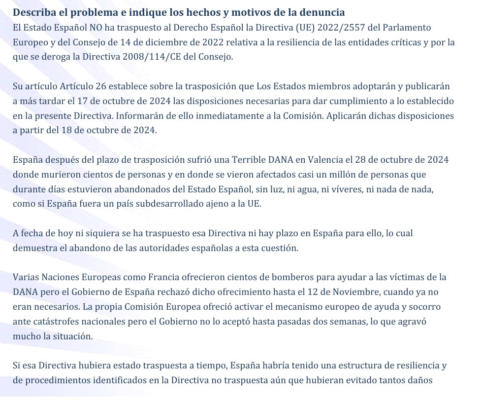 EXCLUSIVA 🎯: El Gobierno de DIRTY <a href="/sanchezcastejon/">Pedro Sánchez</a> es el MÁXIMO RESPONSABLE de los DAÑOS de la DANA de VALENCIA según se explica a continuación porque NO ha TRANSPUESTO al Derecho español la DIRECTIVA de la RESILIENCIA de las infraestructuras críticas ⚠️👇

Ya hay abierto un