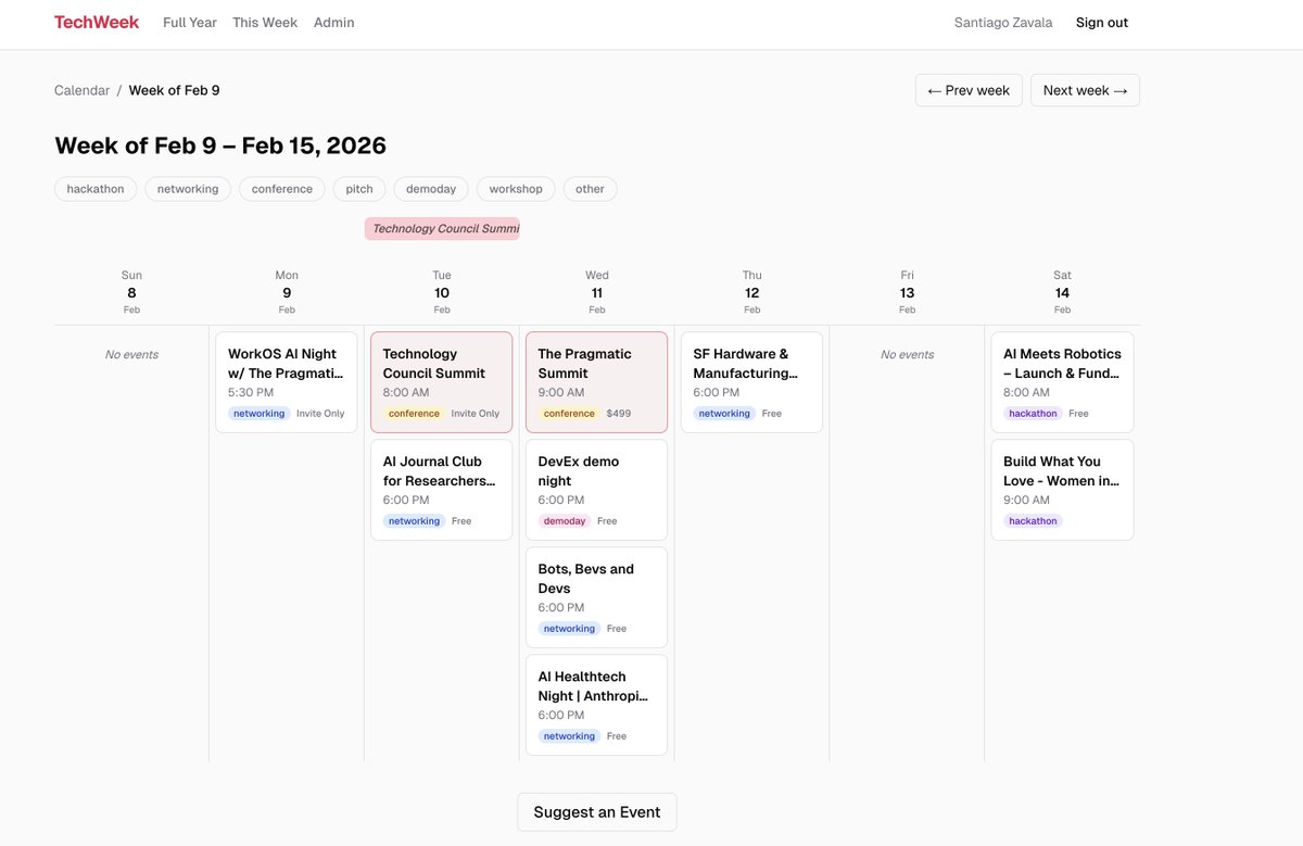 I built this today at a hackathon.

A full-year calendar of every AI, tech &amp; coding event happening in San Francisco.

One glance → you know exactly what's going on.

It's free. I'll keep adding events every week.

🔥 techweek.dev because in Sf, every week is tech