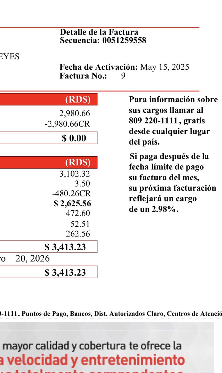 3414 pesos de factura telefónica, tengo internet en mi hogar y cuando salga y quiero usar el supuesto internet que pago no tengo internet! <a href="/ClaroRD/">Claro RD</a> <a href="/ProConsumidorRD/">ProConsumidor</a> brincando de compañía en compañía cada 18 meses, porque todas son una estafa!