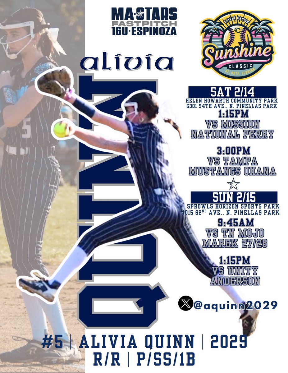 Schedule for Triple Crown Sunshine Classic down in St. Petersburg, FL! Can’t wait to compete. 

 <a href="/LineDsoftball/">Line Drive Media</a> <a href="/SoftballDown/">Down South Softball</a> <a href="/DirectRecruits/">Direct Recruits</a> <a href="/MSPtakeover/">Minority Softball Prospects</a> <a href="/TOP_D1RECRUITS/">Softball Top Preps Retweet</a> <a href="/D1Softball/">D1Softball</a> <a href="/d1fastpitch1/">D1 Fastpitch</a> <a href="/CoastRecruits/">Coast 2 Coast Recruits</a> <a href="/Get2CollegAth/">Get 2 College Athletics</a> <a href="/SBRRetweets/">Softball Recruiting Reposts</a> <a href="/ExtraInningSB/">EXTRA INNING SOFTBALL</a> <a href="/SoftbalAmerica/">Softball America</a>