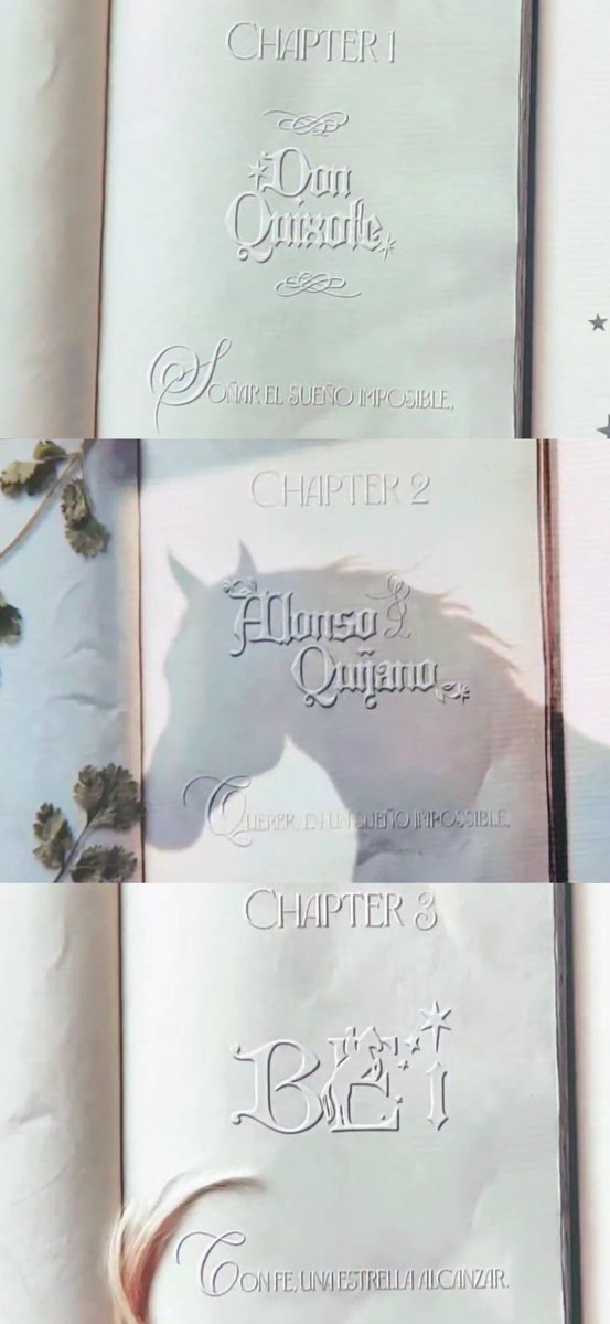 คำแปล VCR คอนฮันบิน

chapter 1
Don Quixote
Soñar lo imposible soñar
= การฝันในสิ่งที่เป็นไปไม่ได้

⸻

chapter 2
Alonso Quijano
Querer, en un sueño imposible
= การปรารถนา ในความฝันที่เป็นไปไม่ได้

⸻

chapter 3
BE I
Con fe, una estrella alcanzar
= ด้วยศรัทธา จะเอื้อมไปถึงดวงดาว