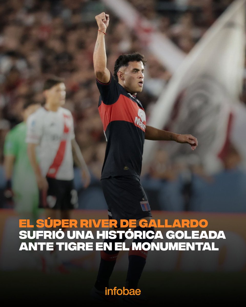 infobae's tweet photo. El Súper River de Gallardo sufrió una dura goleada ante Tigre en el Monumental https://t.co/9HeuhT5i74 https://t.co/x1q7GVIT4t