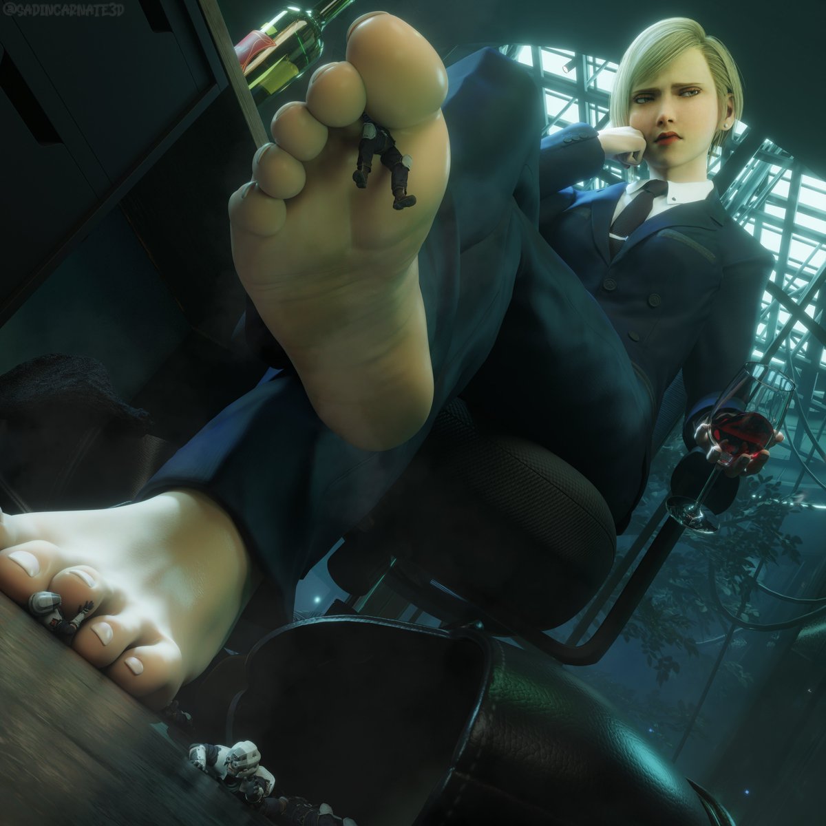 Elena sits in despair at her desk after suffering yet another humiliating loss.

At this point, only two things keep her steady: the dulling effect of her wine's alcohol and the writhing bodies of her shrunken coworkers underneath her feet.

[Comm]