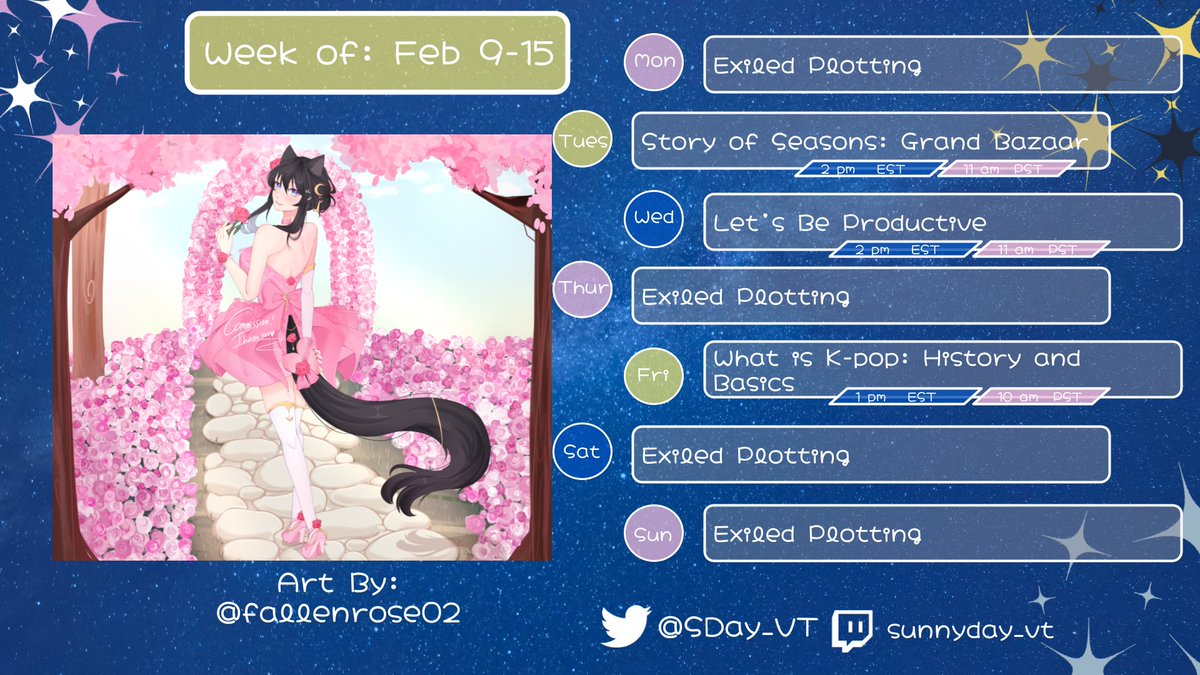 SDay_VT's tweet photo. 🌙☀️Schedule for Feb 9-15☀️🌙 

Lots of Fun Things to look forward to. I hope to see you there!!! 

#ENVtuber #vtuber https://t.co/TIMXClZ0XD