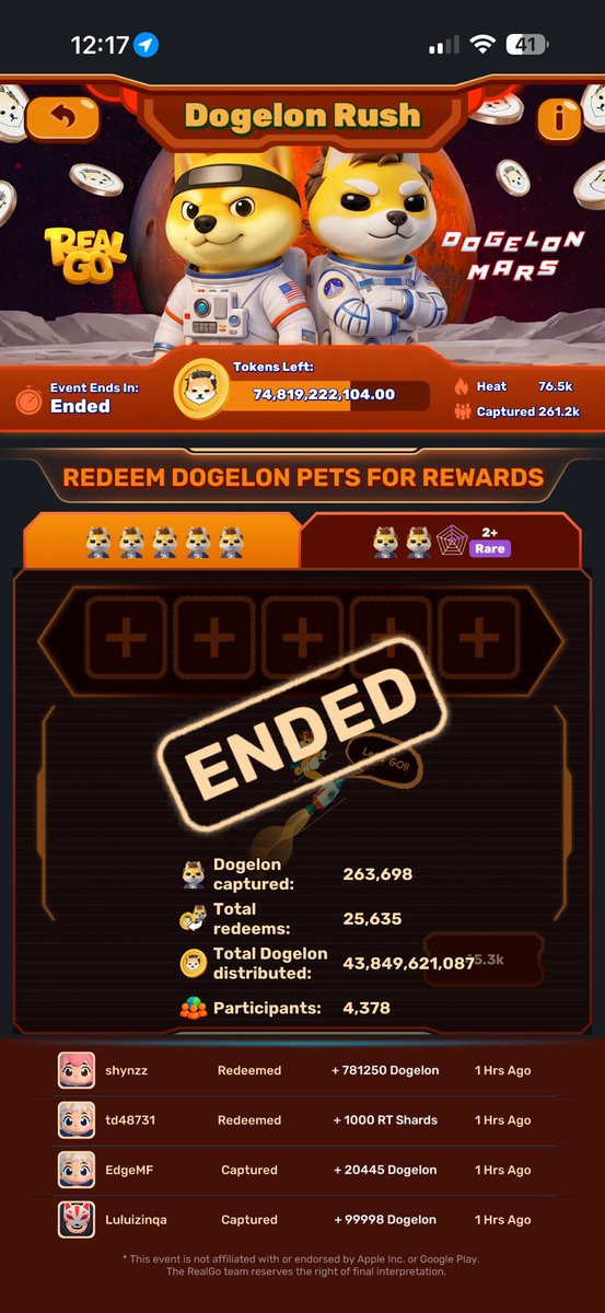 📣EVENT CONCLUDED!

Thank you to the <a href="/DogelonMars/">Dogelon Mars</a> community for the incredible energy!

4,378 Explorers landed on Mars
263,698+ Captured
25,635 Redeems
43,849,621,087+ Tokens Distributed!

New campaigns are loading... 
Keep grinding in game. Your Loyalty Points will be heavily