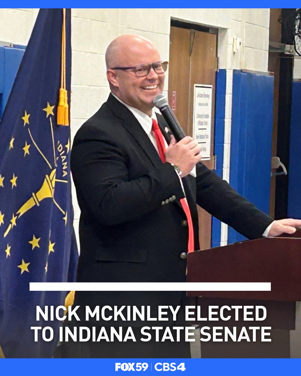 FOX59's tweet photo. Nick McKinley has been elected to the Indiana State Senate to complete Andy Zay’s term after he stepped down at the end of last year in District 17.
Learn more here: https://t.co/pQQcifdUSs https://t.co/vH3J6UsuY8