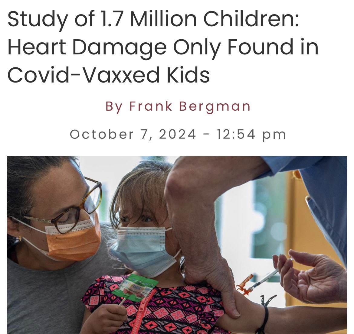 thehealthb0t's tweet photo. A major study involving 1.7 million children has found that heart damage only appeared in children who had received Covid mRNA vaccines.

Not a single unvaccinated child in the group suffered from heart-related problems.

In addition, the researchers note zero children from the entire group, vaccinated or unvaccinated, died from COVID-19.

Furthermore, the study found that Covid shots offered the children very little protection from the virus, with many becoming infected after just 14 to 15 weeks of receiving an injection.

The 1.7 million children observed in the study were between the ages of 5 to 15 and were registered with the UK’s National Healthcare System (NHS).