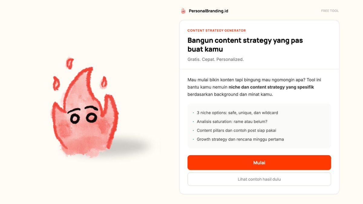 Untuk yang masih bingung mau ngonten apa, silakan dicoba tool gratis ini. 

Harapannya banyak yang bisa nemu content strategy yang pas -> konten makin ngasih value ke orang lain -> orang makin betah di x -> x jadi tempat yang menyenangkan~

link 👇 like + RT yak kalo bermanfaat~