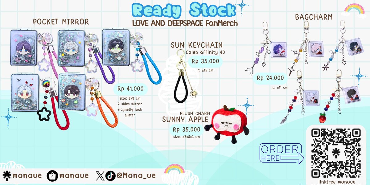 [RT, share &amp; like are very appreciated♡]

✨️ READY STOCK ✨️
Love and deepspace inspired fan merch

order via shoopee &amp; tiktok shop 🇮🇩
shopee.co.id/monoue
tiktok.com/@mono_ue

Please DM me or comment here for more information~♡