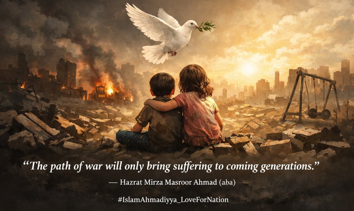 🕊️ A reminder to protect our children and the future of nations.
“The path of war will only bring suffering to coming generations.”
— Hazrat Mirza Masroor Ahmad (aba)
#IslamAhmadiyya_LoveForNation