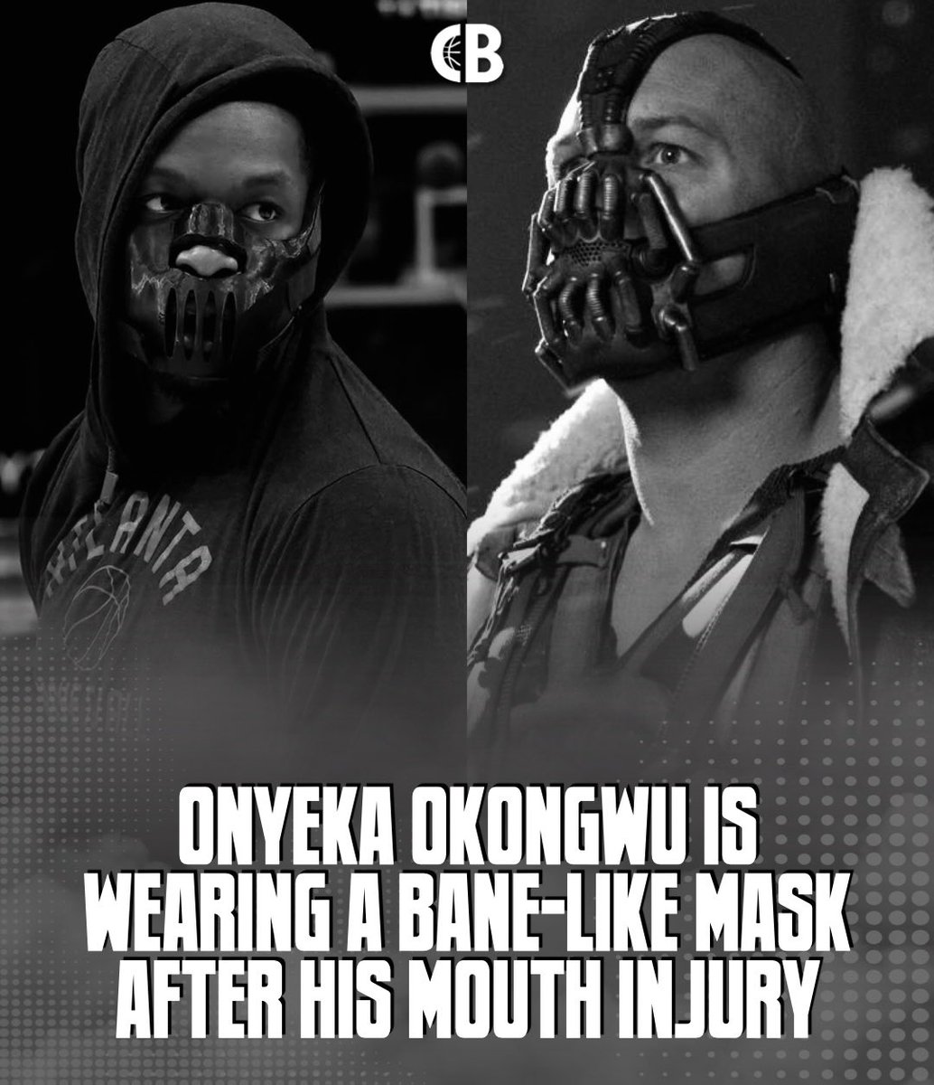 CourtsideBuzzX's tweet photo. ONYEKA OR BANE? Atlanta Hawks center Onyeka Okongwu is wearing a Bane-like mask after his BRUTAL mouth injury last week. 

Is this one of the best masks ever worn in the NBA? 🤔 https://t.co/lmy6Xy60o7
