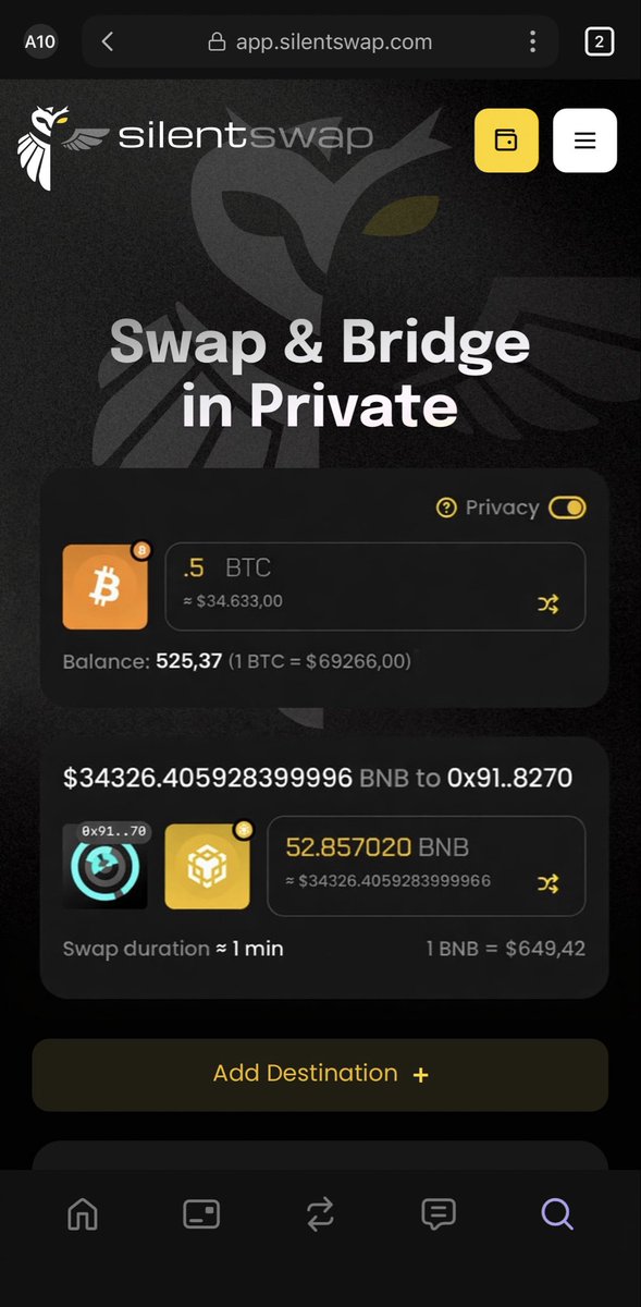 SilentSwap delivers native <a href="/Bitcoin/">Bitcoin</a> private swaps.

Fully private. Non-custodial.
Sub-3 minute settlement from start to finish.

This is what progress in Bitcoin privacy looks like.