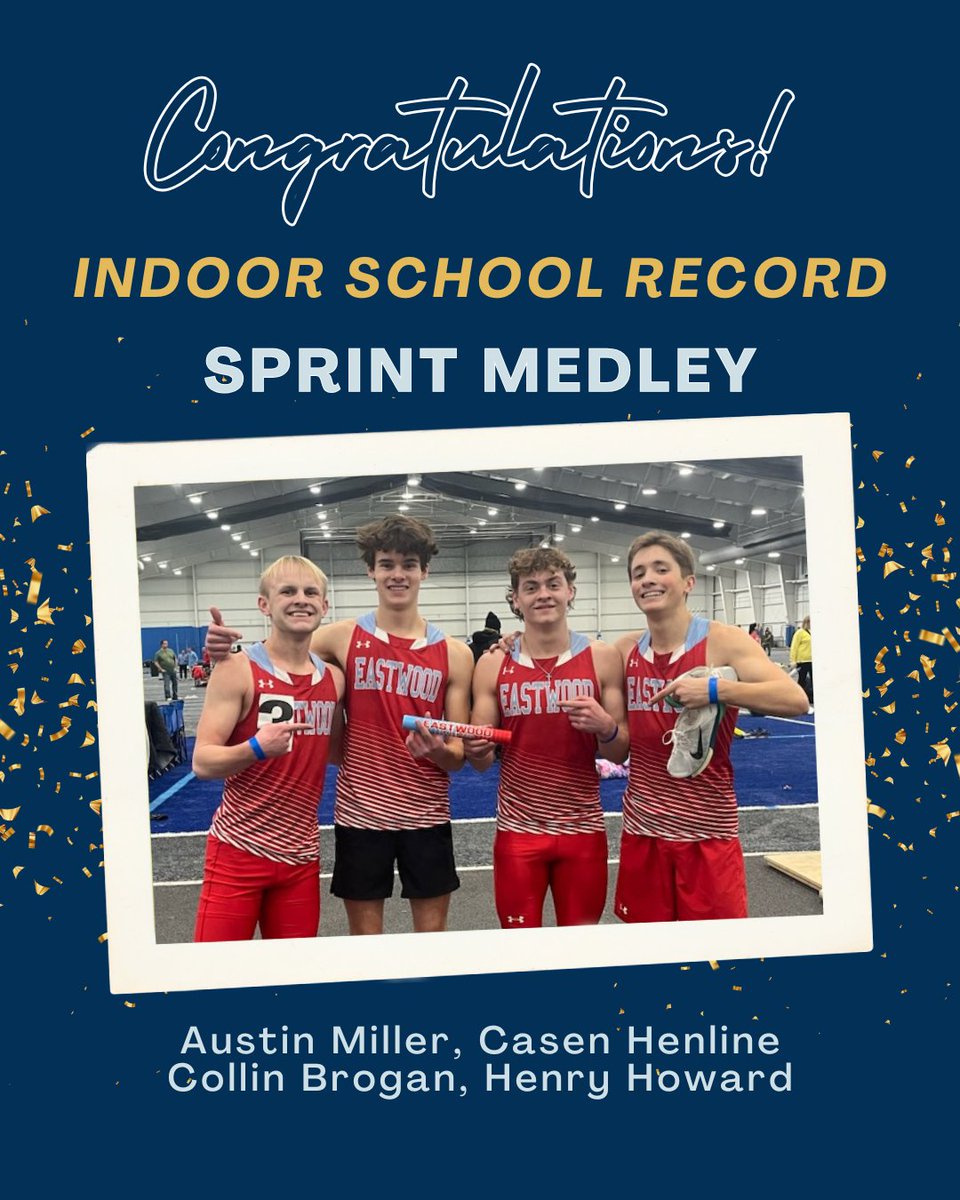 🚨🚨School Record 🚨🚨
Congratulations to Austin, Casen, Collin, and Henry on breaking the indoor sprint medley school record.  This is a 400-200-200-800.