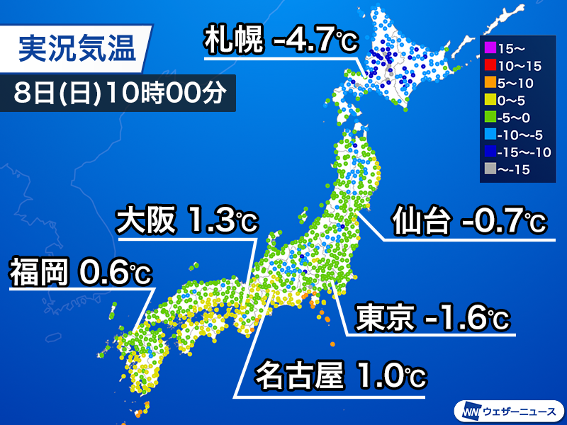 ＜各地で今冬一番の寒さに＞
今日8日(日)は上空の強い寒気の影響で、各地でこの冬一番の寒さになっています。夜にかけても気温の低い状態が続き、路面凍結や水道管の凍結に注意が必要です。
weathernews.jp/news/202602/08…