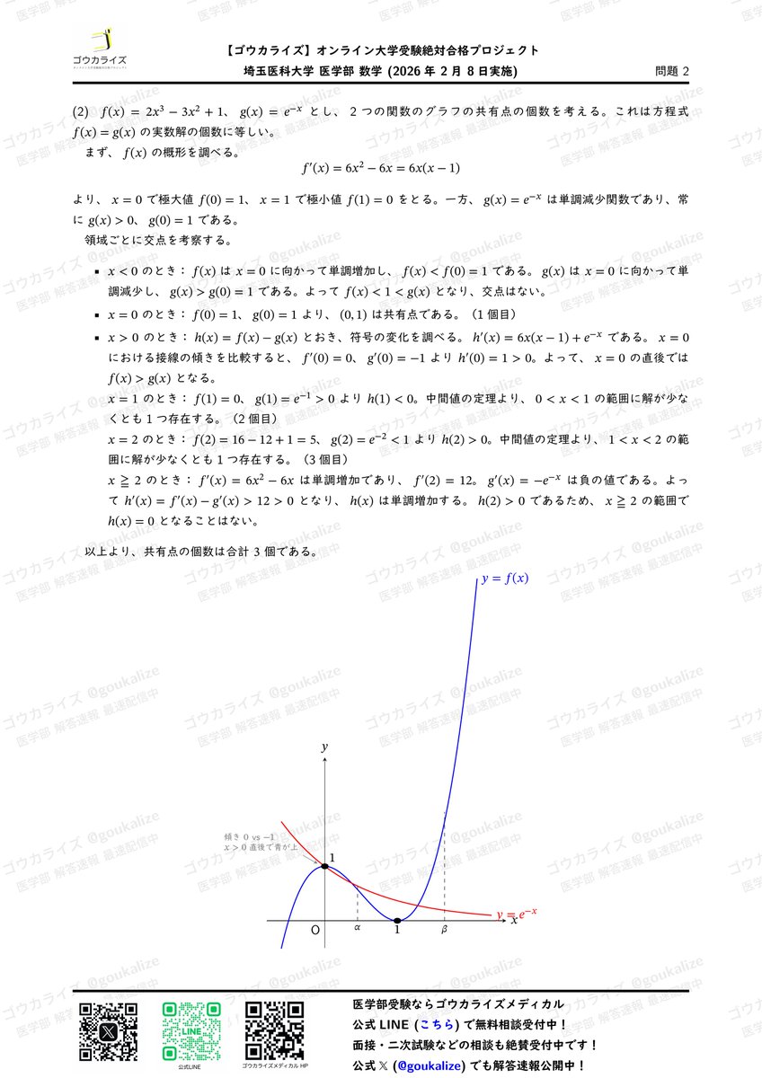 埼玉医科大学 数学 解答速報】 本日2/8実施の埼玉医科大学 医学部 の