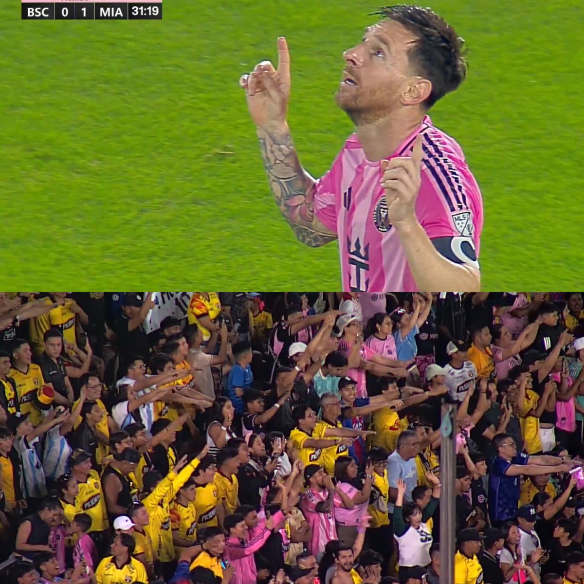 Qué imagen esta en Guayaquil. Messi anota contra el Barcelona.

Todo el estadio, incluyendo los rivales, cantan su nombre. La imagen de abajo muestra a los hinchas con los brazos estirados, haciéndole la venia. Esto causa Lionel Andrés 😮‍💨
