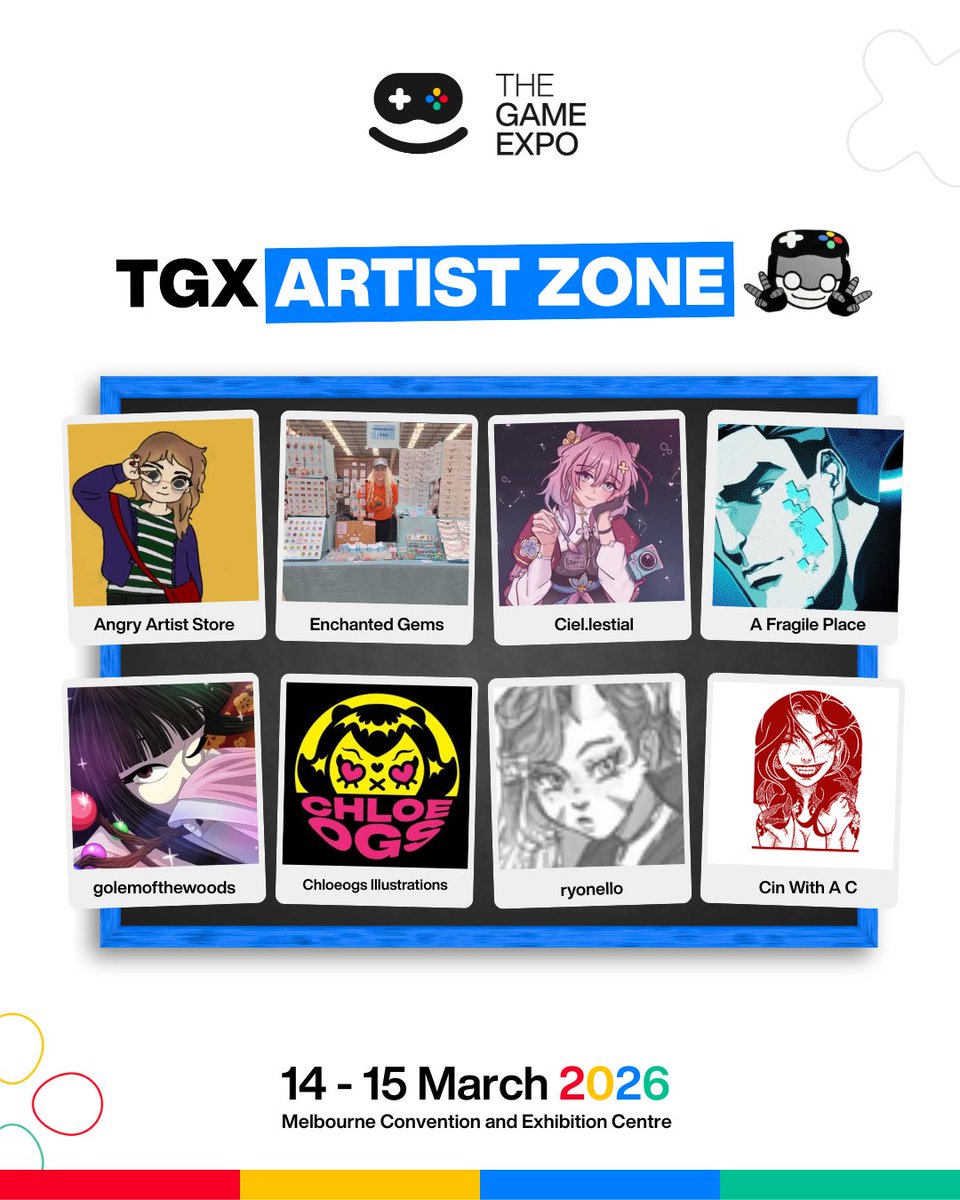 We are so excited to have so many incredible artists on board for #TGX 2026!

Angry Artist Zone, Enchanted Gems, Ciel.lestial, A Fragile Place
<a href="/golemofthewoods/">🍉Golem🍉</a> Chloeogs Illustrations, <a href="/ryonello/">✦ rhonnie ✦ 💤</a> Cin With a C