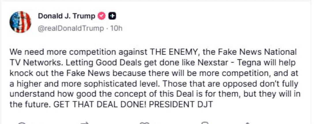 President Trump calls for completing the Nexstar–Tegna deal to boost competition and weaken “fake news.”