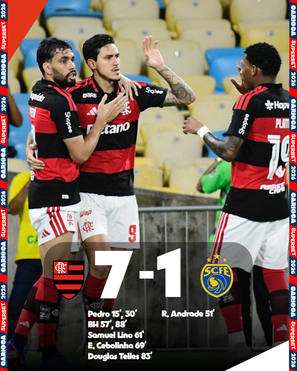 Cariocao's tweet photo. ATROPELO RUBRO-NEGRO! 🔴⚫️

O Mengão goleia no Maraca e vence o Sampaio Corrêa por 7x1! 

���� D.Lima produções/FERJ

#FLAxSAM https://t.co/47sayOeNX3