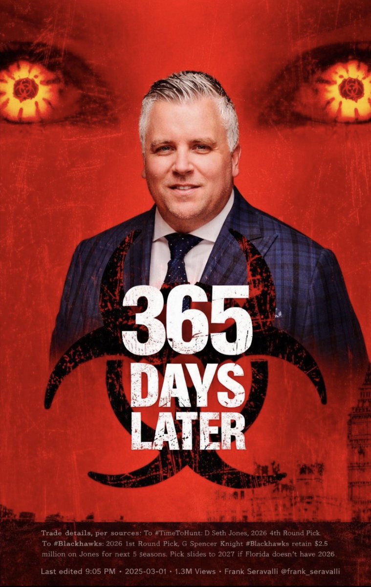 OviClapBomb's tweet photo. Movie idea…

It’s ‘28 Days Later’ but instead of Cillian Murphy surviving an apocalyptic virus in 2000’s London, It’s Frank Seravalli and he’s just tweeting out trade details a year after receiving them

We’ll call it ‘365 Days Later’ https://t.co/YUAr9ofIVB