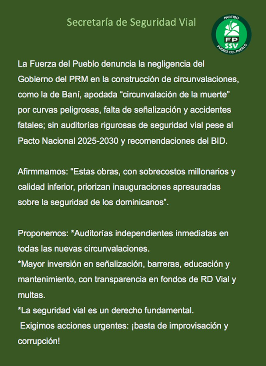 La #MovilidadHumana debe ser #Segura #Sana #Sostenible #Viable para tod@s <a href="/SESVIALFP/">SECRETARIA DE SEGURIDAD VIAL</a> desde el Partido FP exige al gobierno transparencia en el sector vial <a href="/fpcomunica/">@Fuerza del Pueblo (FP)</a> <a href="/VialRd/">SESVIAL-FP OFICIAL</a> <a href="/LeonelFernandez/">Leonel Fernández</a> <a href="/BerthaByas/">Bertha Susana Byas</a> <a href="/AlexandrapenaRD/">AlexandraPeña</a> <a href="/PedroMe17154014/">Pedro Mercedes</a> <a href="/INTRANT_RD/">Instituto Nacional de Tránsito y Transporte</a> <a href="/LauraSeaton05BB/">Laura Seaton</a>